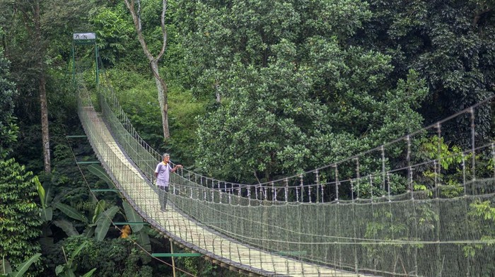 Warga berjalan di atas Jembatan Gantung Citarum di Cihampelas, Kabupaten Bandung Barat, Jawa Barat, Minggu (15/6/2025). Bupati Bandung Barat Jeje Ritchie Ismail menyatakan jembatan gantung yang memiliki panjang sekitar 100 meter dan menghubungkan Desa Pataruman dengan Desa Margaasih tersebut menjadi salah satu potensi ekowisata yang dapat dimanfaatkan serta dikelola oleh Koperasi Desa Merah Putih di wilayah itu. ANTARA FOTO/Abdan Syakura
