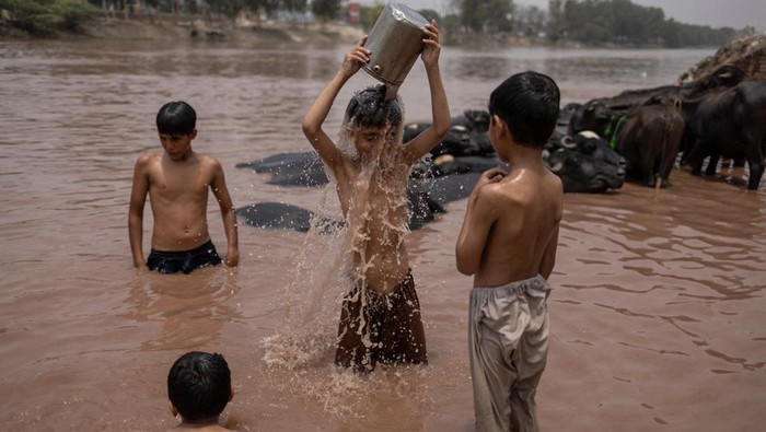 Gelombang panas ekstrem yang melanda Pakistan dalam beberapa hari terakhir membuat warga mencari cara unik untuk bertahan dari teriknya cuaca. Salah satu lokasi yang jadi favorit warga Gujranwala adalah Kanal Chenab Hulu. REUTERS/Adrees Latif