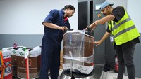 Petugas membungkus ulang koper bagasi jamaah haji Indonesia yang kedapatan membawa air zamzam setelah dipindai dengan mesin x-ray. Foto: ANTARA FOTO/Andika Wahyu