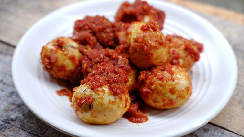 Telur Balado, Telor Balado. Traditional spicy fried eggs typically Padang food