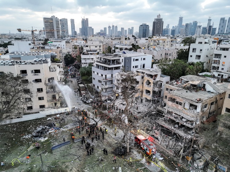 A drone photo shows the damage over residential homes at the impact site following missile attack from Iran on Israel, in Tel Aviv, Israel June 16, 2025. REUTERS/Moshe Mizrahi
