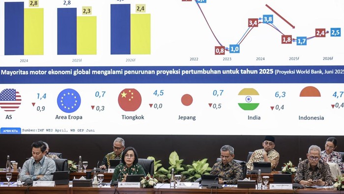 Menteri Keuangan Sri Mulyani Indrawati (tengah) didampingi Wakil Menteri Keuangan Thomas Djiwandono (kiri), dan Suahasil Nazara (kanan) menyampaikan konferensi pers APBN KiTa di Kantor Kementerian Keuangan, Jakarta, Selasa (17/6/2025). Menteri Keuangan melaporkan Anggaran Pendapatan dan Belanja Negara (APBN) mengalami defisit sebesar Rp21 triliun atau 0,09 persen terhadap Produk Domestik Bruto (PDB) pada Mei 2025. ANTARA FOTO/Dhemas Reviyanto/bar