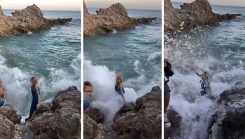 Influencer yang berdiri di atas batu dekat laut lalu dihantam ombak besar saat merekam konten Foto: Boredpanda