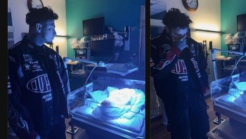 Pria berjaket gelap berdiri di samping bayi di inkubator rumah sakit, pura-pura menunjukkan kepedulian dan emosi terhadap pandangan demi postingan medsos. Foto: Boredpanda