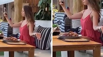 Influencer konten seolah sedang bermeditasi. Padahal tengah berada di meja restoran dengan makanan. Foto: Boredpanda