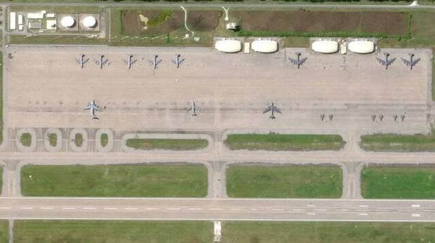 An overview of the Diego Garcia military base on the Chagos Archipelago in the Indian Ocean, where four heavy bombers were stationed on June 16 at the US-UK military base. (Planet Labs/AFP)
