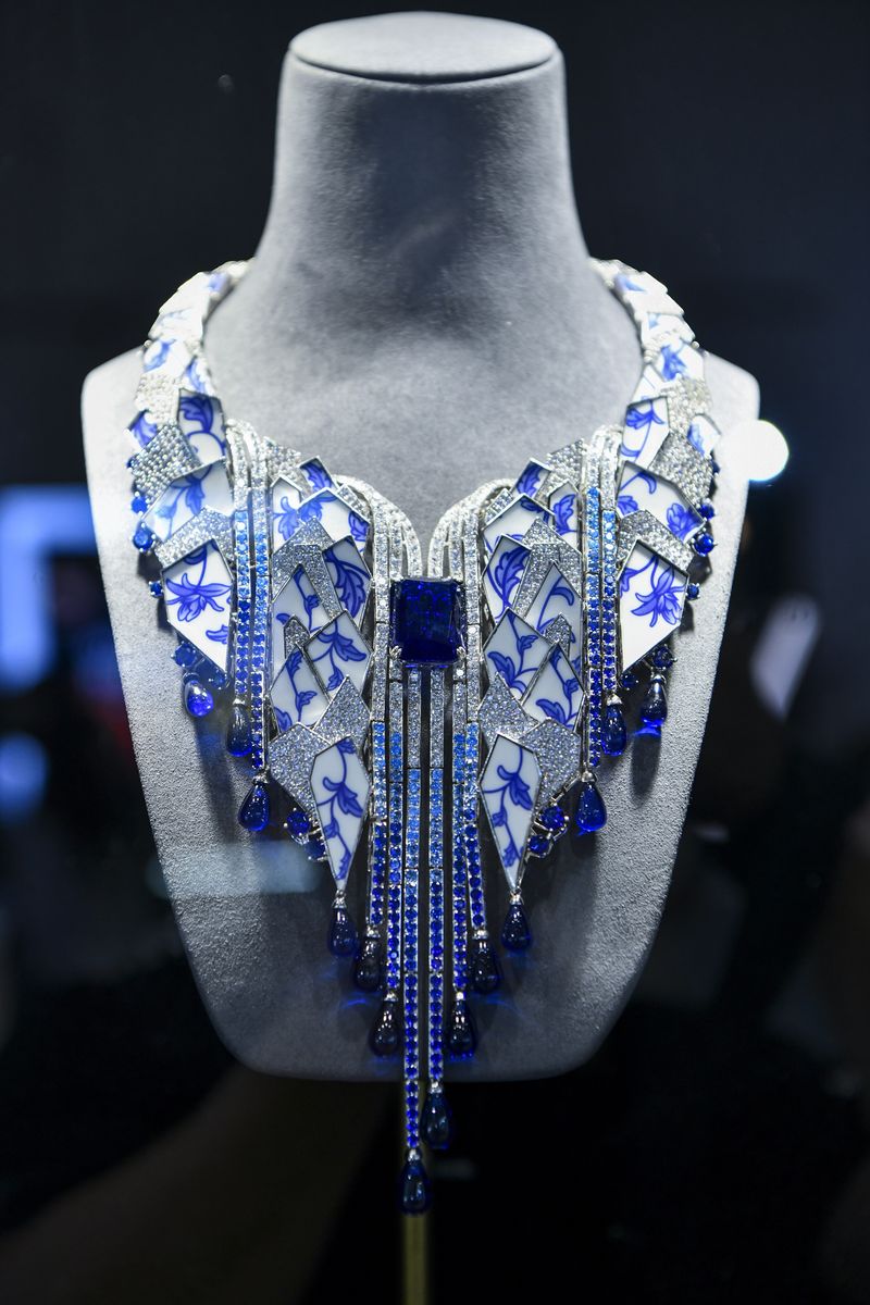 HAIKOU, CHINA - APRIL 12: Blue gem necklace is on display at Gaonas booth during the 3rd China International Consumer Products Expo at Hainan International Convention and Exhibition Center on April 12, 2023 in Haikou, Hainan Province of China. (Photo by Luo Yunfei/China News Service/VCG via Getty Images)
