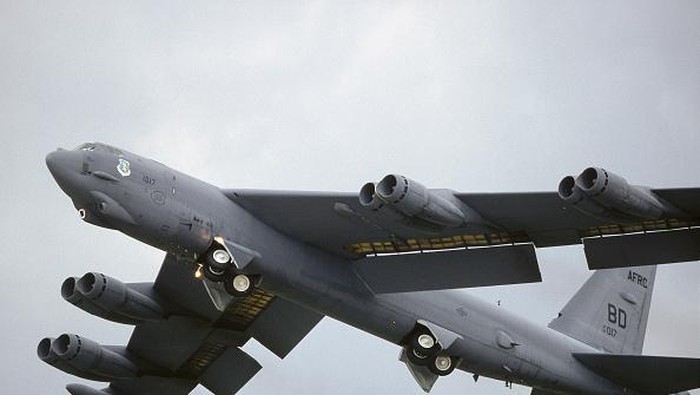 US Air Force B-52H Stratofortress bomber takes off from Andersen Air Force Base, Guam, May 4, 2018. Image courtesy Tech. Sgt. Richard Ebensberger / Pacific Air Forces Public Affairs. (Photo by Smith Collection/Gado/Getty Images)