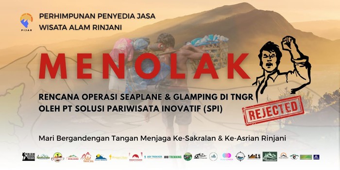Poster dari Perhimpunan Penyedia Jasa Wisata Alam Rinjani menolak rencana pengoperasian seaplane dan glamping oleh PT Solusi Pariwisata Inovatif (SPI). (Istimewa)