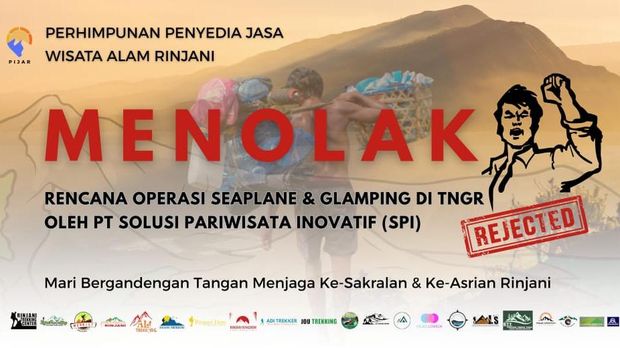 Poster dari Perhimpunan Penyedia Jasa Wisata Alam Rinjani menolak rencana pengoperasian seaplane dan glamping oleh PT Solusi Pariwisata Inovatif (SPI). (Istimewa)