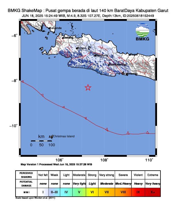 Pusat gempa barat daya Kabupaten Garut. (Dok. BMKG)
