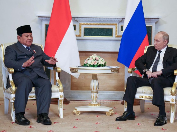 Indonesian President Prabowo Subianto and Russian President Vladimir Putin attend a meeting in Saint Petersburg, Russia June 19, 2025. Sputnik/Vyacheslav Prokofyev/Pool via REUTERS ATTENTION EDITORS - THIS IMAGE WAS PROVIDED BY A THIRD PARTY.