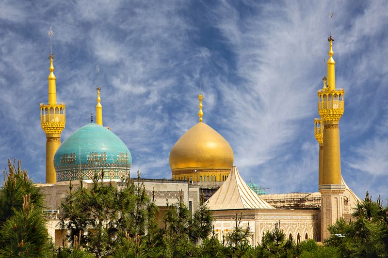 Tehran, Iran - April 11, 2018: Mausoleum of Khomeini with its gold dome in Tehran, Iran