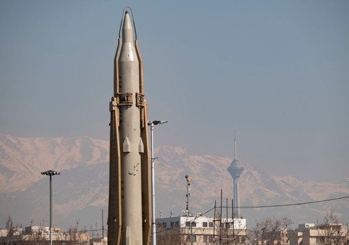 An Iranian Sejjil solid-fueled medium-range ballistic missile is being displayed at the Azadi (Freedom) square in western Tehran during a rally to mark the 45th anniversary of the victory of Irans 1979 Islamic Revolution, on February 11, 2024. The Iranian Islamic Revolution, which led to the overthrow of the Pahlavi dynasty in 1979, replaced the Imperial State of Iran with the present-day Islamic Republic of Iran. (Photo by Morteza Nikoubazl/NurPhoto via Getty Images)