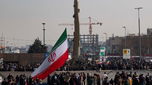 An Iranian Sejjil solid-fueled medium-range ballistic missile is being displayed at the Azadi (Freedom) square in western Tehran during a rally to mark the 45th anniversary of the victory of Irans 1979 Islamic Revolution, on February 11, 2024. The Iranian Islamic Revolution, which led to the overthrow of the Pahlavi dynasty in 1979, replaced the Imperial State of Iran with the present-day Islamic Republic of Iran. (Photo by Morteza Nikoubazl/NurPhoto via Getty Images)