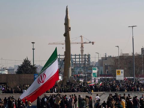 An Iranian Sejjil solid-fueled medium-range ballistic missile is being displayed at the Azadi (Freedom) square in western Tehran during a rally to mark the 45th anniversary of the victory of Iran's 1979 Islamic Revolution, on February 11, 2024. The Iranian Islamic Revolution, which led to the overthrow of the Pahlavi dynasty in 1979, replaced the Imperial State of Iran with the present-day Islamic Republic of Iran. (Photo by Morteza Nikoubazl/NurPhoto via Getty Images)