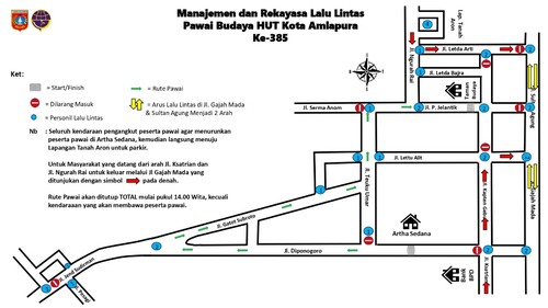 Rute pengalihan arus lalu lintas saat pawai budaya HUT Kota Amlapura ke-385, Kamis (19/6/2025). (Istimewa)