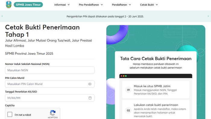 Cetak Bukti Penerimaan Tahap 1 SPMB Jatim 2025.