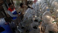 Petugas Kilang Pertamina Unit Cilacap bersama warga melakukan monitoring rumah susun kepiting yang terbuat dari galon bekas air mineral di Desa Kutawaru, CIlacap, Jawa Tengah, Jumat (20/6/25). Menariknya, mereka hanya menggunakan galon bekas air mineral yang disusun secara vertikal, sehingga tidak membutuhkan lahan luas. Inovasi ini cocok untuk lahan terbatas.