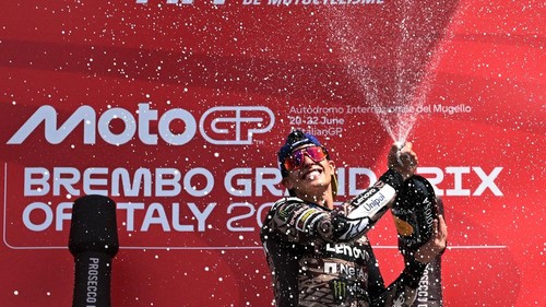 MotoGP - Italian Grand Prix - Mugello Circuit, Scarperia e San Piero, Italy - June 22, 2025 Ducati Lenovo Teams Marc Marquez celebrates on the podium after winning the Italian Grand Prix REUTERS/Jennifer Lorenzini