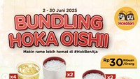 Sampai akhir Juni 2025, Hokben tawarkan promo Bundling Hoka Oishii. Makan ramean makin hemat dengan harga Rp 30 ribuan per orang. Untuk paket ber-4, misalnya, dari Rp 180 ribu jadi Rp 122 ribuan saja. Foto: Instagram hokben_id