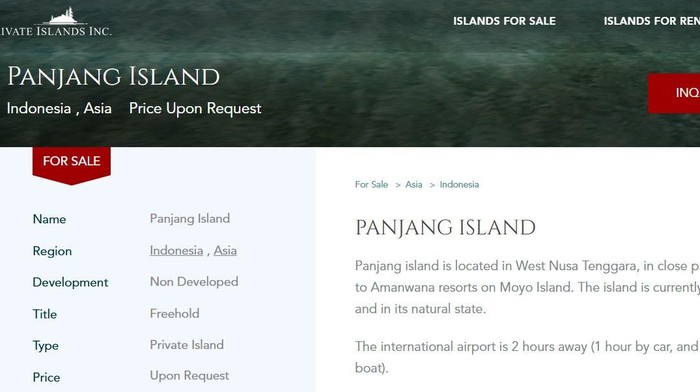 Pulau Panjang Sumbawa, NTB, dijual melalui situs Private Islands Online. (Tangkapan layar privateislandsonline.com)