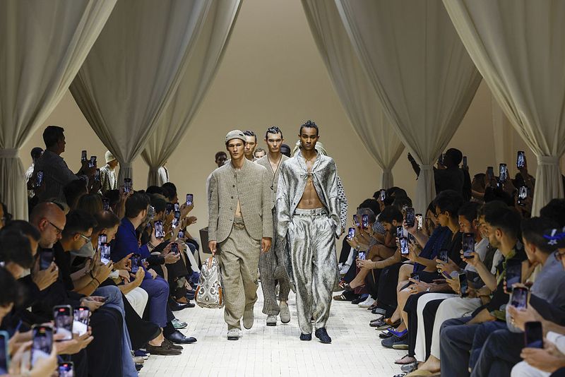 MILAN, ITALY - JUNE 21: A model walks the runway during the Emporio Armani Ready to Wear Spring/Summer 2026 fashion show as part of the Milan Men Fashion Week on June 21, 2025 in Milan, Italy. (Photo by Victor VIRGILE/Gamma-Rapho via Getty Images)