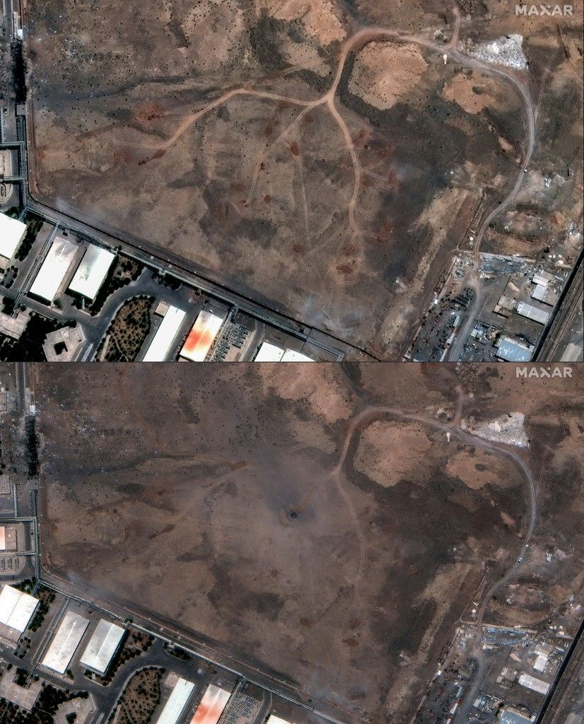 Gambar satelit yang diambil pada Minggu (22/6) menunjukkan dampak serangan udara Amerika Serikat terhadap situs nuklir Iran di Isfahan dan Natanz. (AFP)