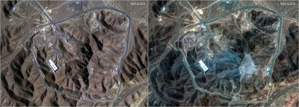 Gambar satelit yang diambil pada Minggu (22/6) menunjukkan dampak serangan udara Amerika Serikat terhadap situs nuklir Iran di Isfahan dan Natanz. (via REUTERS/MAXAR TECHNOLOGIES)