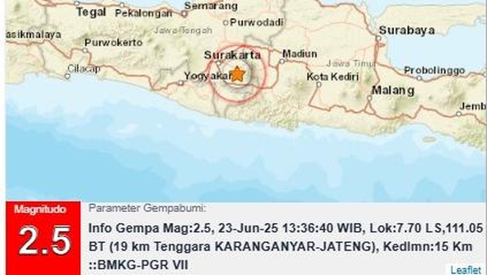 Gempa bumi magnitudo (M) 2,5 di Karanganyar, Jawa Tengah, pukul 13.36 WIB, Senin (23/6/2025).