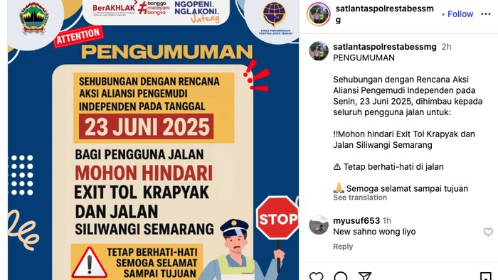Polrestabes Semarang mengimbau agar pengguna jalan mengindari ruas Siliwangi dan exit tol Krapyak karena ada aksi ODOL.