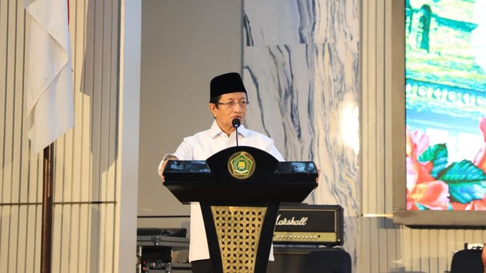 Menag Nasaruddin Umar di acara Ngaji Budaya yang digelar Kementerian Agama di Auditorium HM Rasjidi, Jakarta, Senin (23/6/2025).