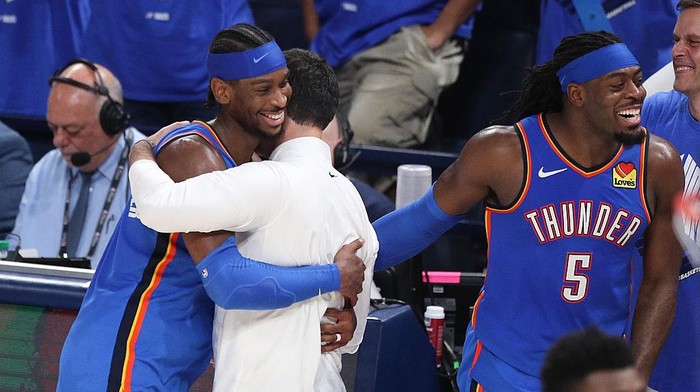 OKLAHOMA CITY, OKLAHOMA - JUNE 22:  Shai Gilgeous-Alexander #2 and Head coach Mark Daigneault of the Oklahoma City Thunder celebrate as their team defeats the Indiana Pacers 103-91 in Game Seven of the 2025 NBA Finals at Paycom Center on June 22, 2025 in Oklahoma City, Oklahoma. NOTE TO USER: User expressly acknowledges and agrees that, by downloading and or using this photograph, User is consenting to the terms and conditions of the Getty Images License Agreement. (Photo by Justin Ford/Getty Images)