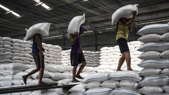 Sejumlah pekerja mengangkut beras di Gudang Bulog Tambak Aji, Semarang, Jawa Tengah, Senin (23/6/2025). Badan Pangan Nasional (Bapanas) mencatat per 20 Juni 2025 stok Cadangan Beras Pemerintah (CBP) yang disimpan Perum Bulog mencapai 4,15 juta ton beras. ANTARA FOTO/Aprillio Akbar