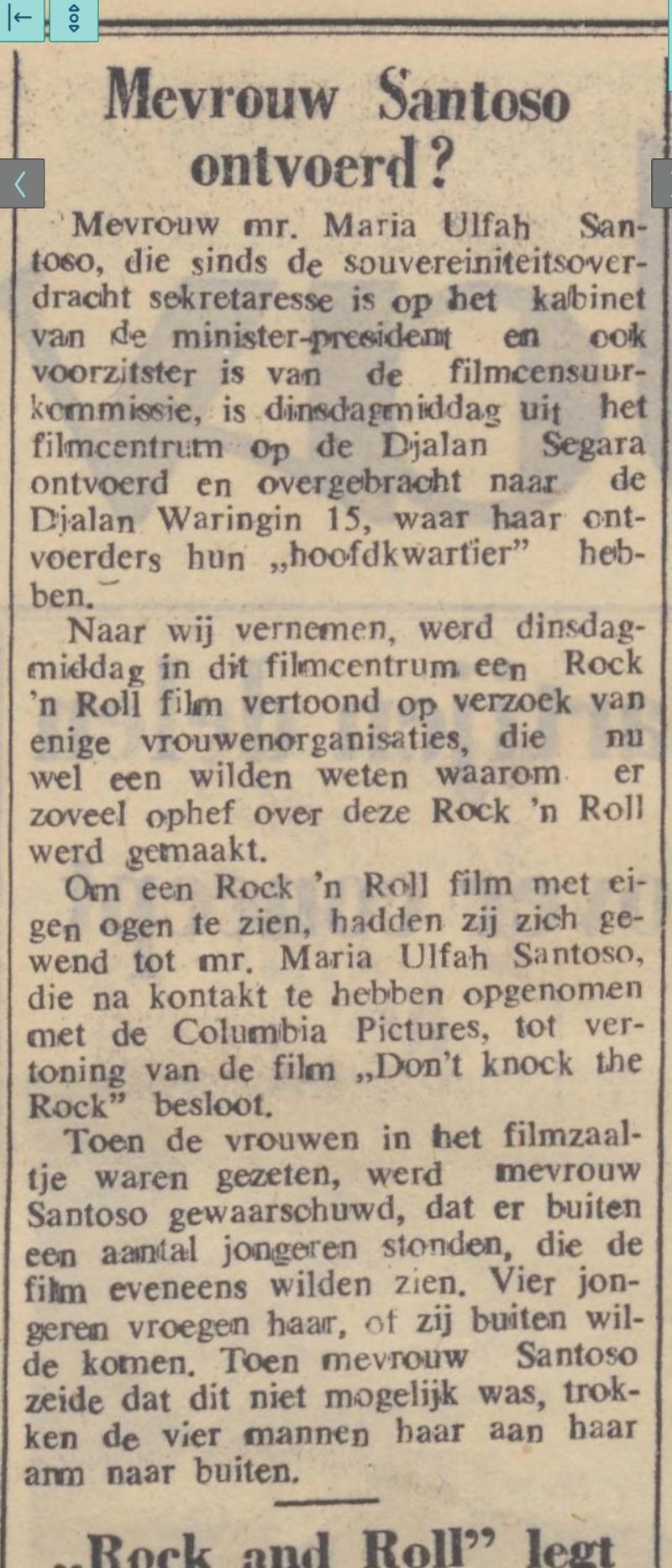 Surat kabar Preanger Bode edisi 1 Maret 1957 yang mengabarkan penculikan Maria Ulfah oleh sejumlah pemuda revolusioner