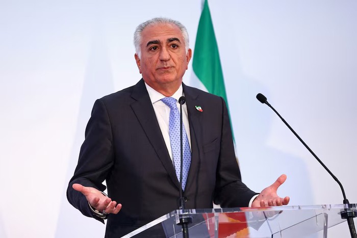 Reza Pahlavi, the exiled son of the last Shah of Iran, speaks during a press conference about the situation in Iran and the need to support Iranians, in Paris, France, June 23, 2025. REUTERS/Abdul Saboor Purchase Licensing Rights
