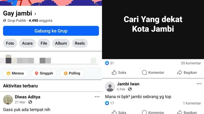 Tangkapan layar grup Gay Jambi di media sosial Facebook