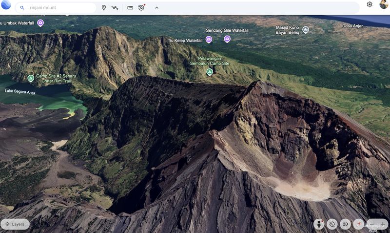 Gunung Rinjani dilihat dari Google Earth