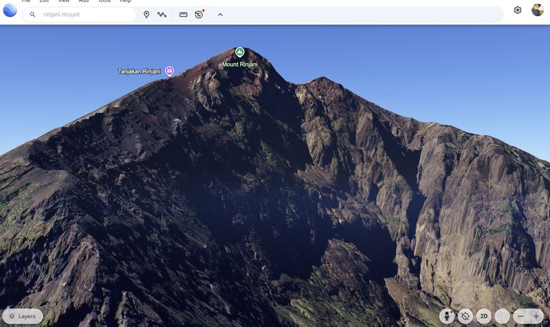 Gunung Rinjani dilihat dari Google Earth