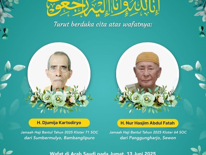 Dua jemaah haji asal Bantul, Djumija Kartodiryo (80) dan Nur Hasjim Abdul Fatah, yang wafat di Tanah Suci. Foto diunggah Rabu (25/6/2025).