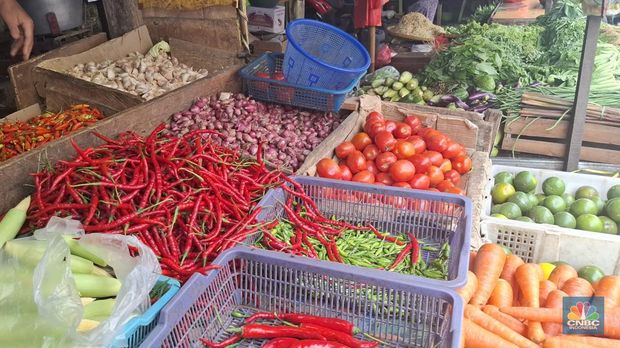 Harga beberapa sayuran di Pasar Kramat Jati, Jakarta Timur, Rabu (25/6/2025). (CNBC Indonesia/Chandra Dwi Pranata)