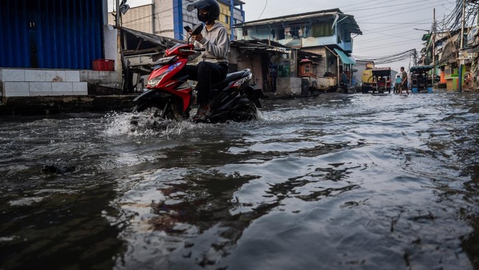 Rob βKepungβ Pesisir Jakarta, Warga Diminta Siaga! Warga melintasi genangan rob di Muara Angke, Jakarta, Rabu (25/6/2025). Badan Penanggulangan Bencana Daerah (BPBD) Jakarta mengimbau masyarakat yang tinggal di wialayah pesisir utara Jakarta untuk mewaspadai potensi banjir rob akibat adanya fenomena Super New Moon atau fase bulan baru yang puncaknya terjadi pada 27 Juni 2025. ANTARA FOTO/Bayu Pratama S