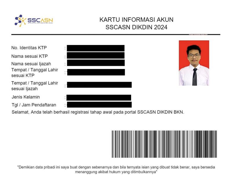 Contoh Kartu Informasi Akun SSCASN Sekolah Kedinasan