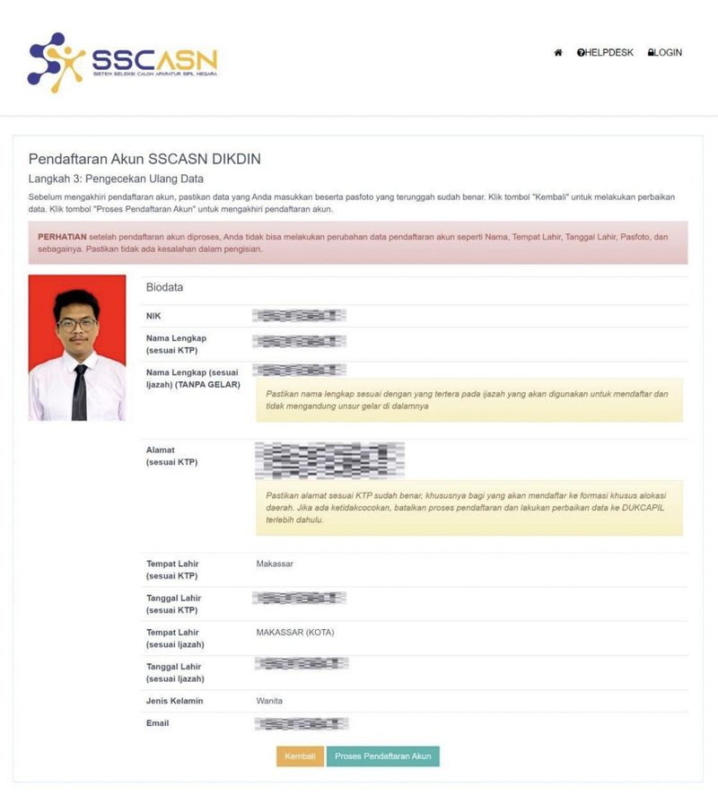 Form Pengecekan Ulang Data pada Pendaftaran Akun SSCASN Sekolah Kedinasan