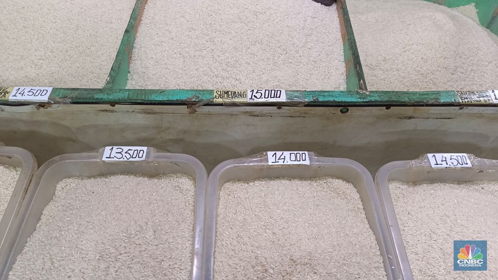 Pantauan harga beras di Pasar Rumput, Jakarta Selatan, Kamis (26/6/2025). (CNBC Indonesia/Martyasari Rizky)