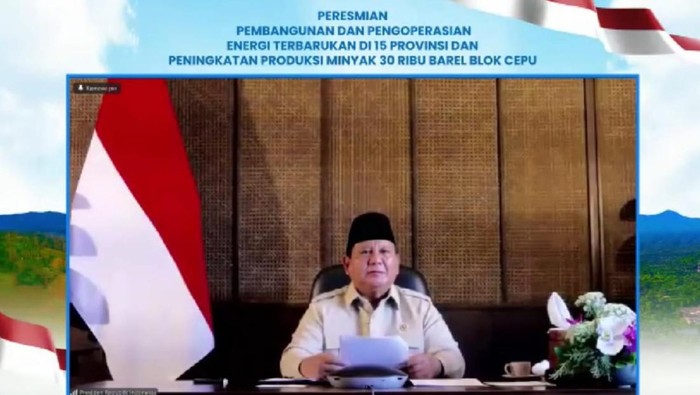 Prabowo lewat video conference resmikan proyek pembangkit listrik energi terbarukan.