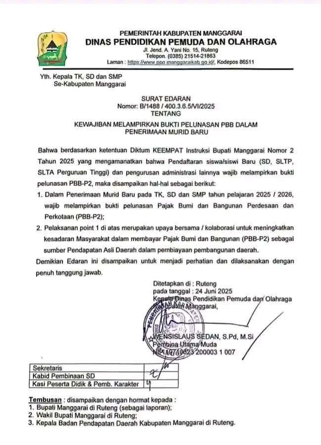 SE Disdikpora Manggarai yang mewajibkan pendaftaran calon siswa TK, SD, dan SMP untuk melampirkan bukti pelunasan Pajak Bumi dan Bangunan (PBB). (Istimewa)