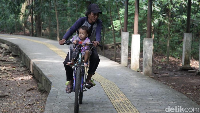 Warga berolahraga di Hutan Kota Srengseng, Jakbar, Jumat (27/6/2025). Pramono menginstruksikan Dinas Pertamanan untuk melakukan renovasi Hutan Kota Srengseng.