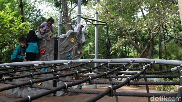 Warga berolahraga di Hutan Kota Srengseng, Jakbar, Jumat (27/6/2025). Pramono menginstruksikan Dinas Pertamanan untuk melakukan renovasi Hutan Kota Srengseng.