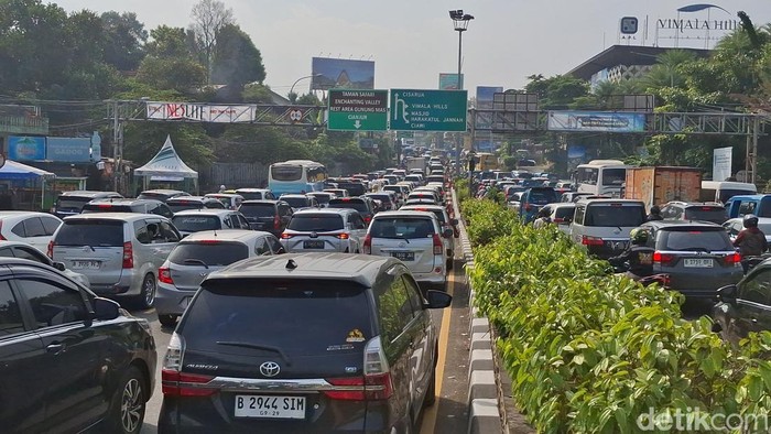 Lalu lintas (lalin) menuju Puncak, Bogor, Jawa Barat, padat merayap Jumat (27/6/2025) pagi. (M Sholihin/detikcom)